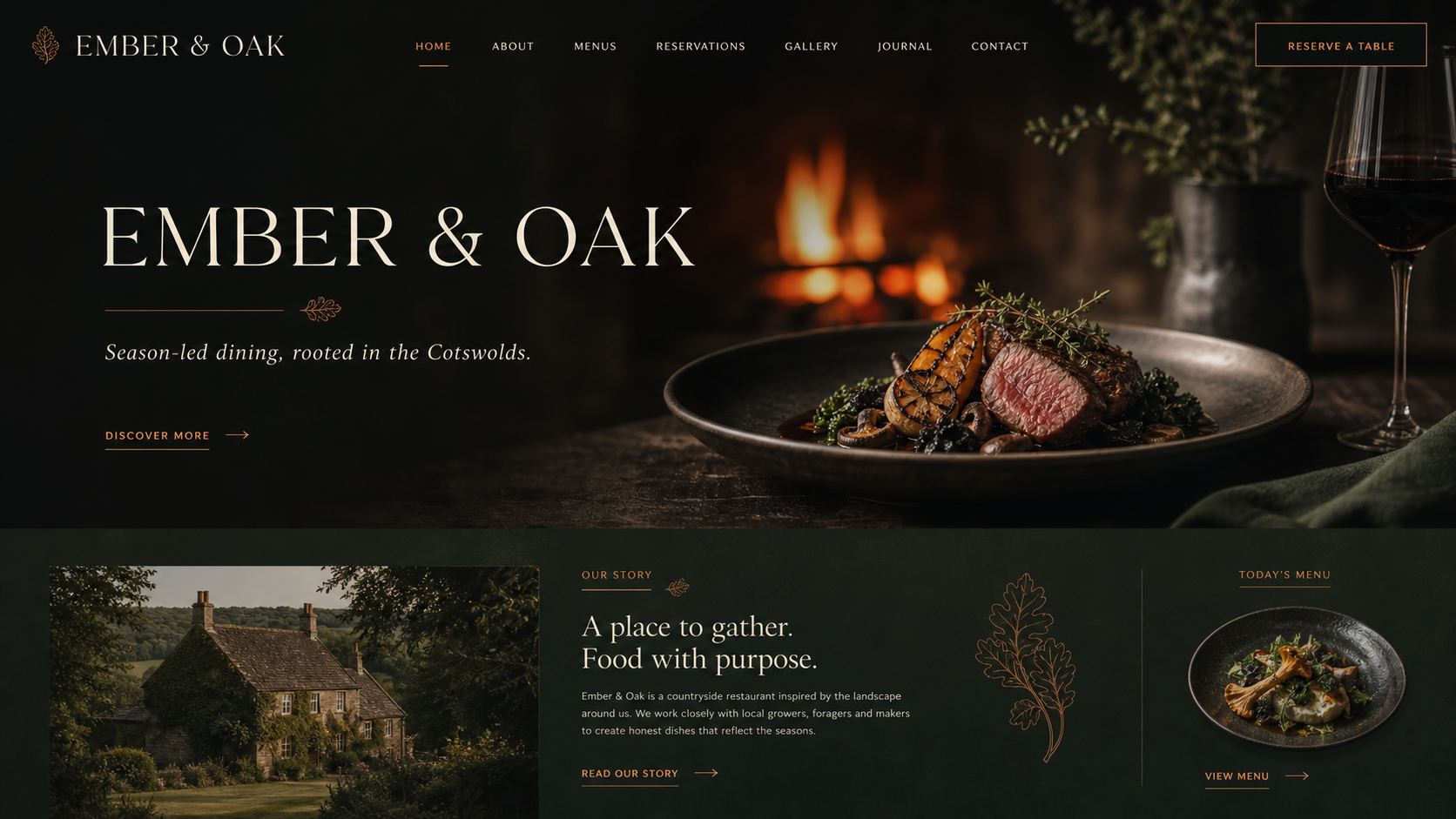 Ember and Oak fictional restaurant website concept